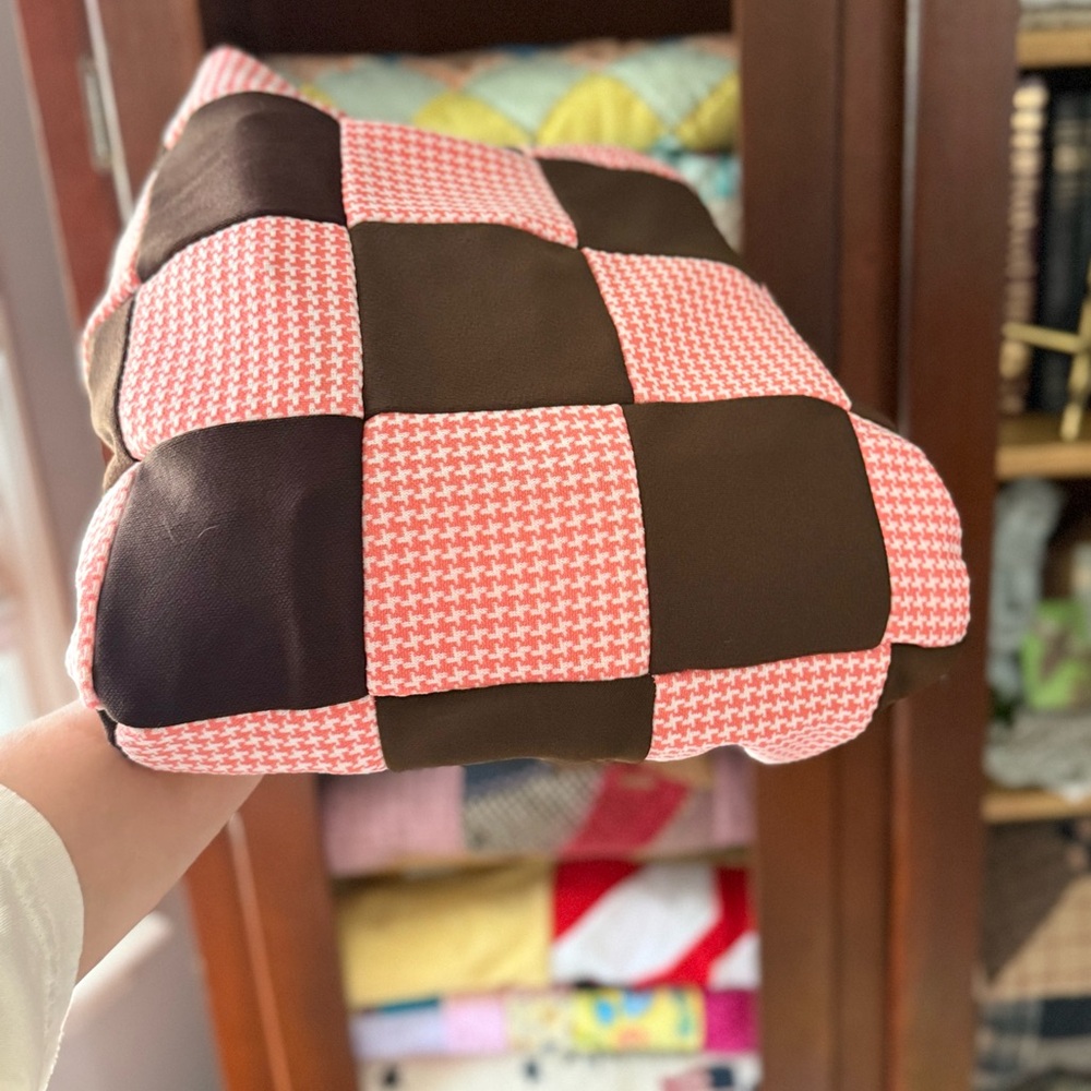 Vintage checkered  brown & orange houndstooth square pattern quilt topper.